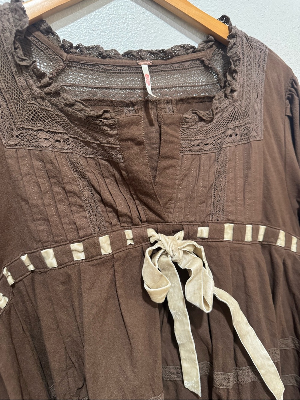 Free People Boho Peasant Tunic Dress with Contrast Ribbon Tie - Brown & Cream - Picture 2 of 7
